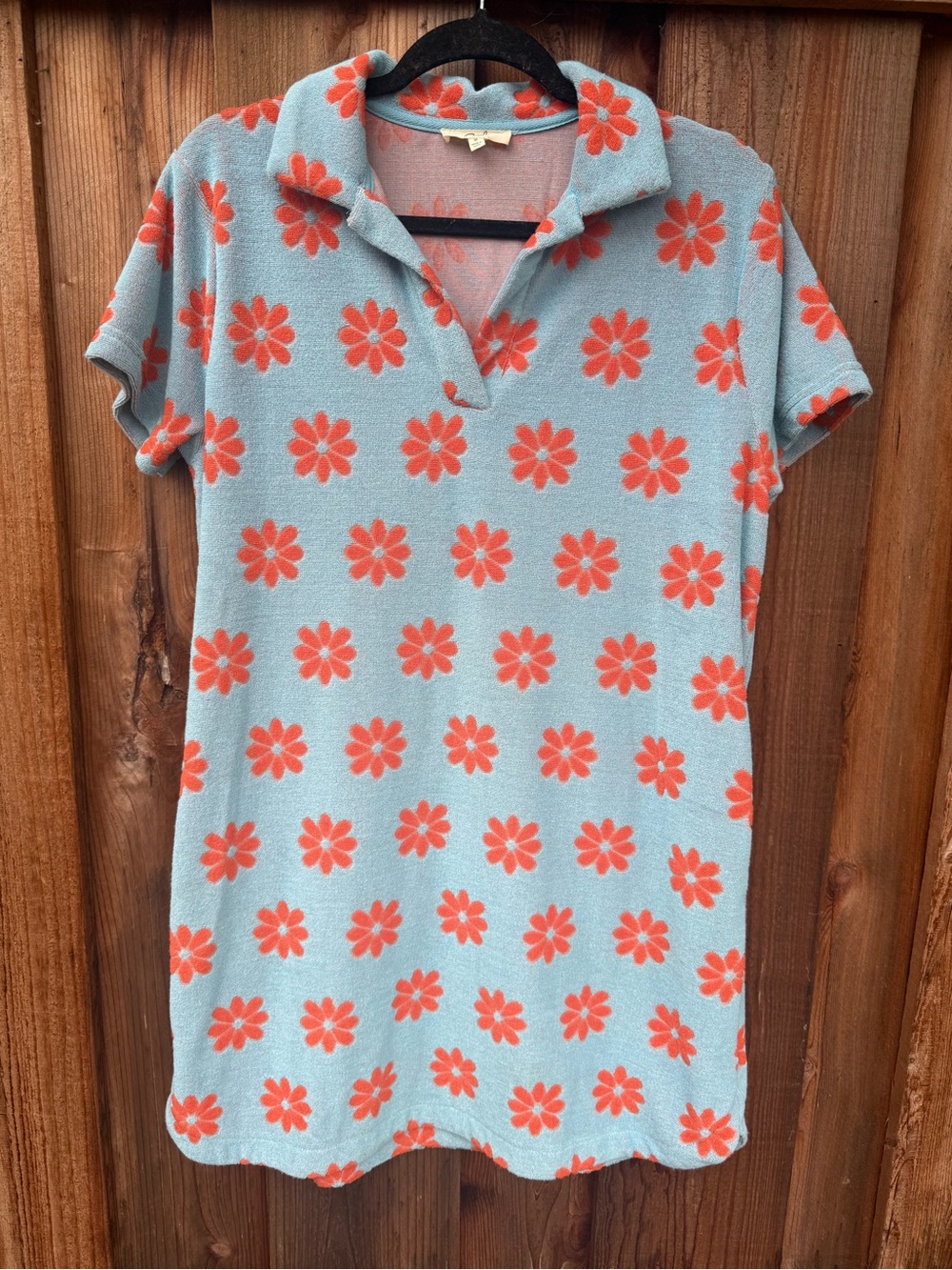 Women’s Floral Terry Swim Coverup - Light Blue with Coral Flowers